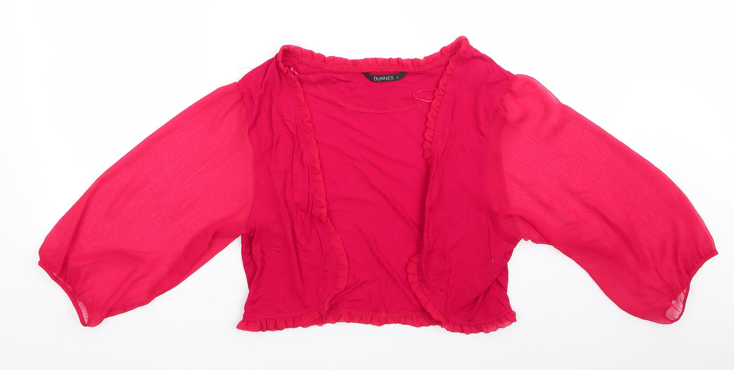 Dunnes Womens Red V-Neck  Viscose Shrug Jumper Size L   - Sheer Fabric Sleeves Frill trim