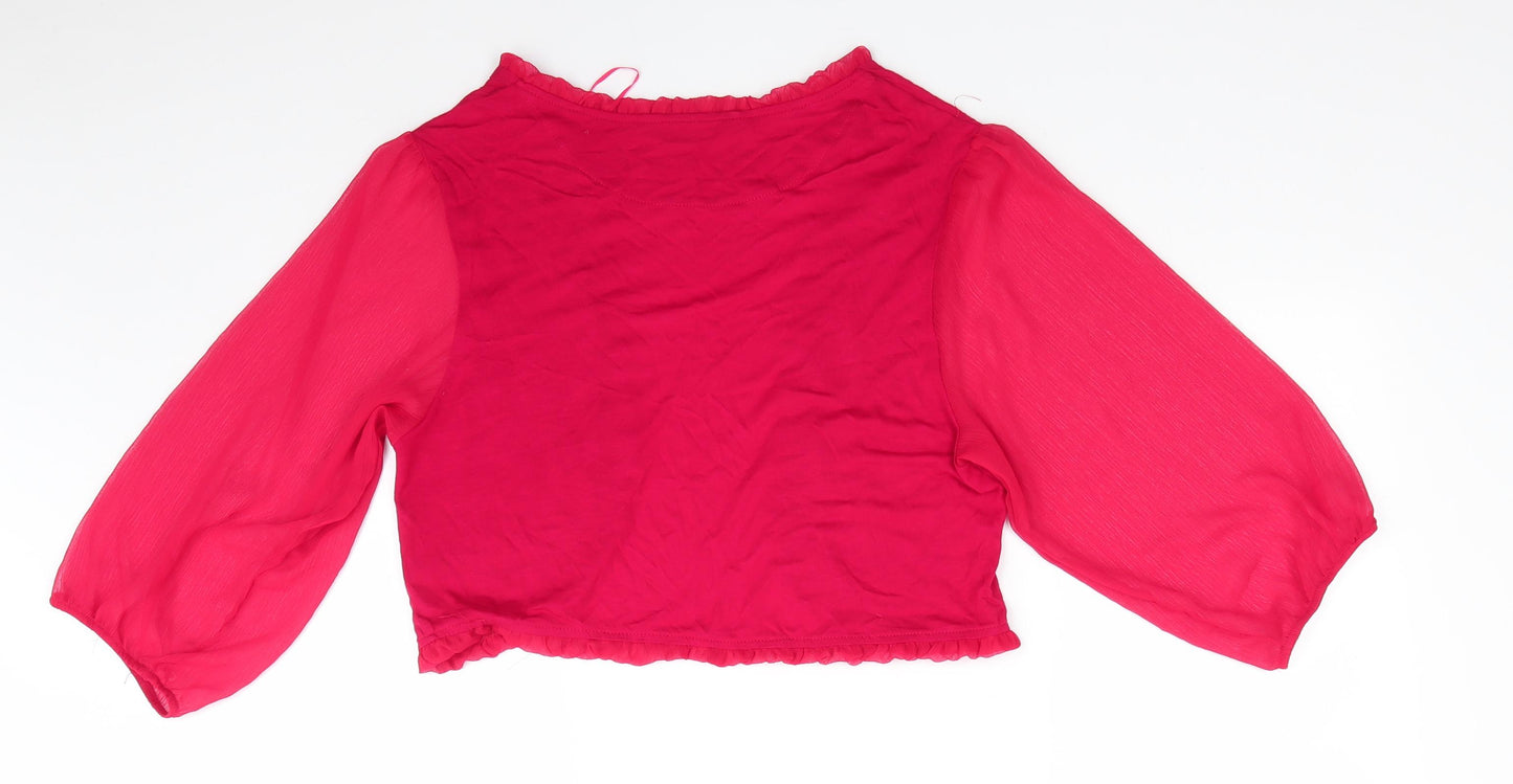 Dunnes Womens Red V-Neck  Viscose Shrug Jumper Size L   - Sheer Fabric Sleeves Frill trim