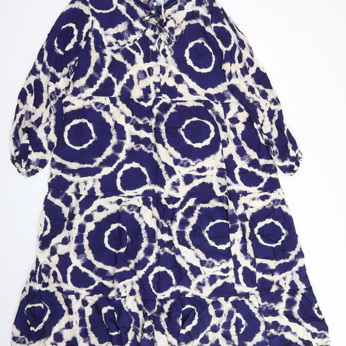 Glossy Womens Blue Geometric Viscose A-Line    Round Neck  - Frilled  hem