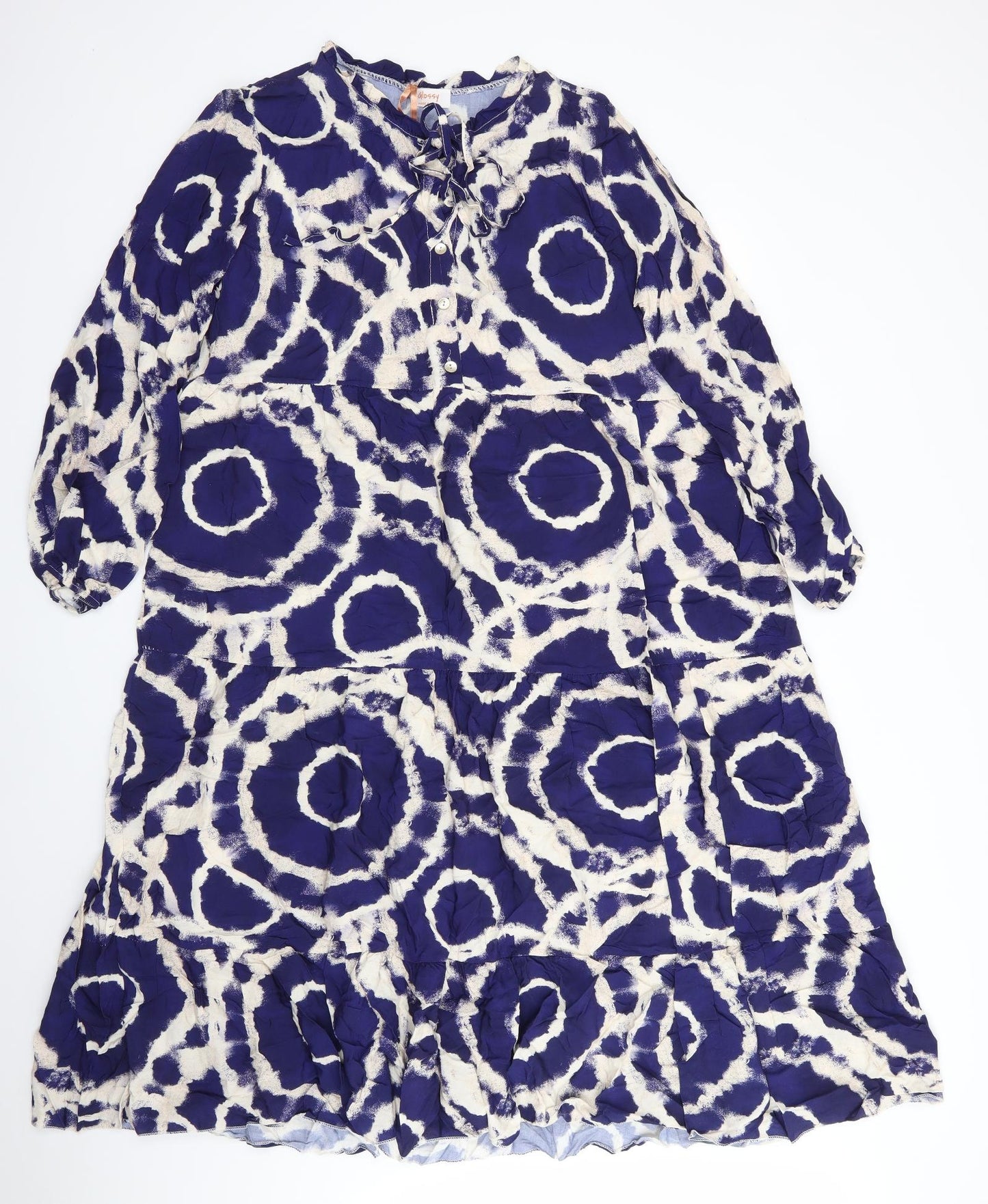 Glossy Womens Blue Geometric Viscose A-Line    Round Neck  - Frilled  hem