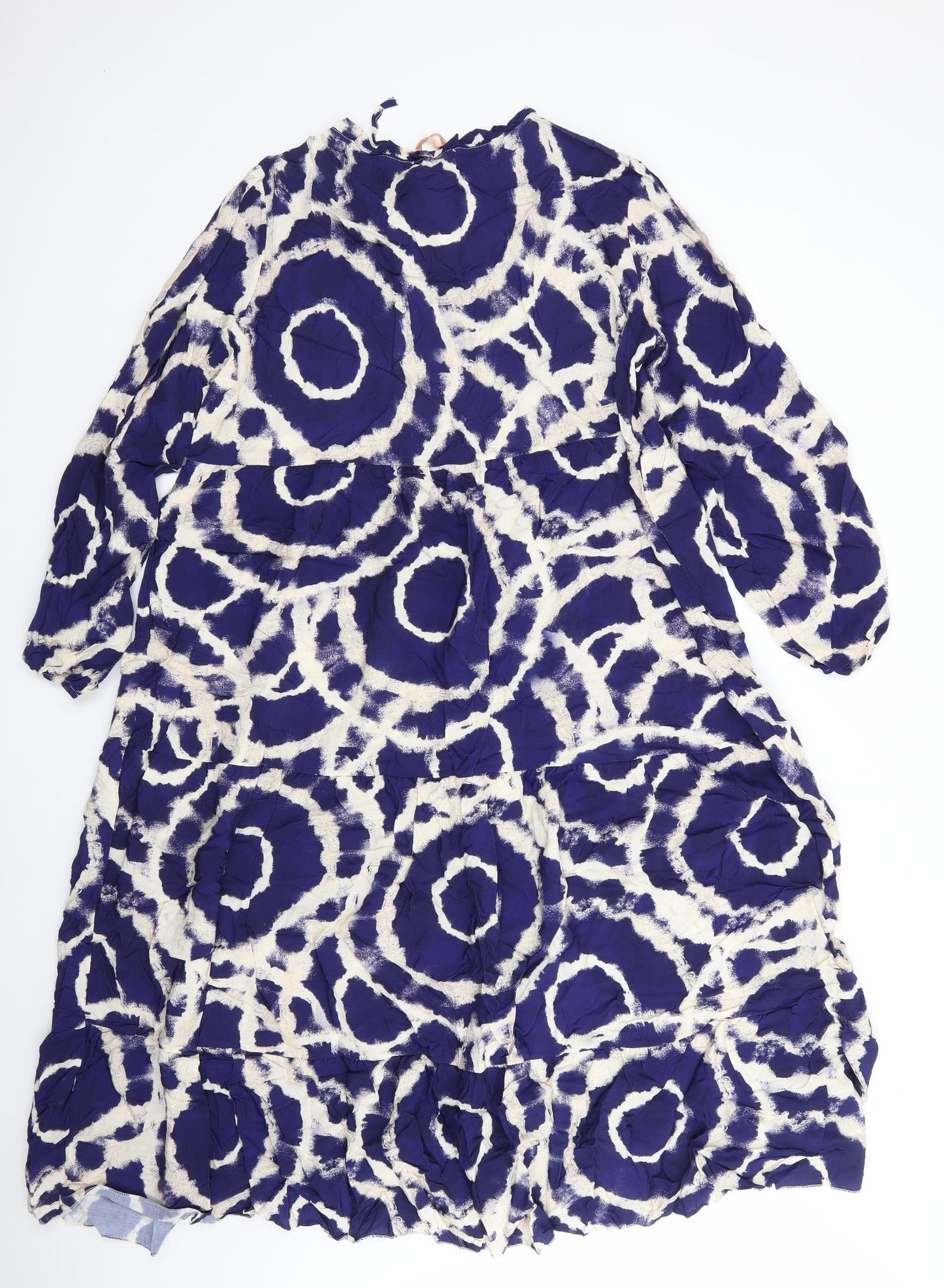 Glossy Womens Blue Geometric Viscose A-Line    Round Neck  - Frilled  hem