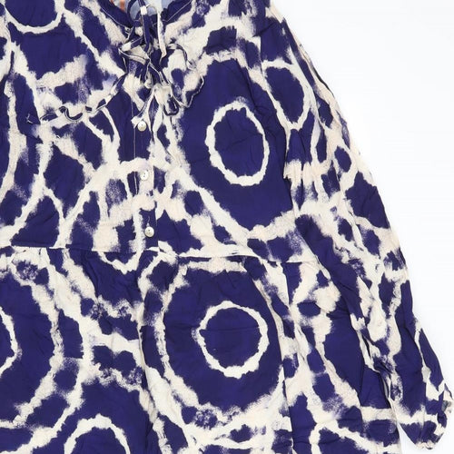 Glossy Womens Blue Geometric Viscose A-Line    Round Neck  - Frilled  hem