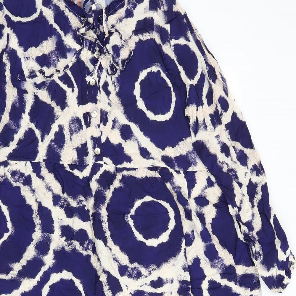 Glossy Womens Blue Geometric Viscose A-Line    Round Neck  - Frilled  hem