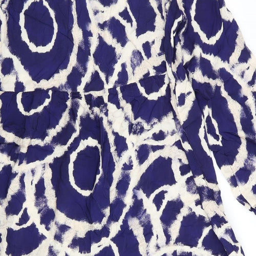 Glossy Womens Blue Geometric Viscose A-Line    Round Neck  - Frilled  hem