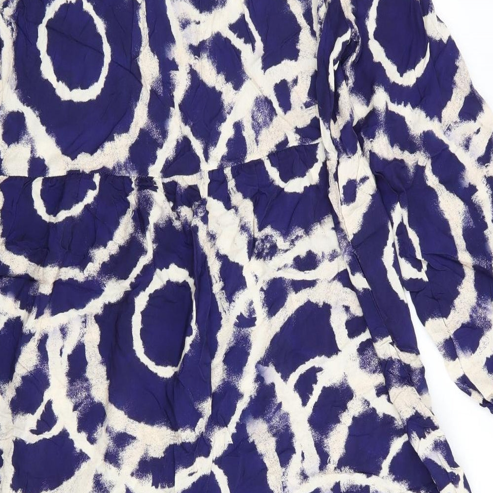 Glossy Womens Blue Geometric Viscose A-Line    Round Neck  - Frilled  hem