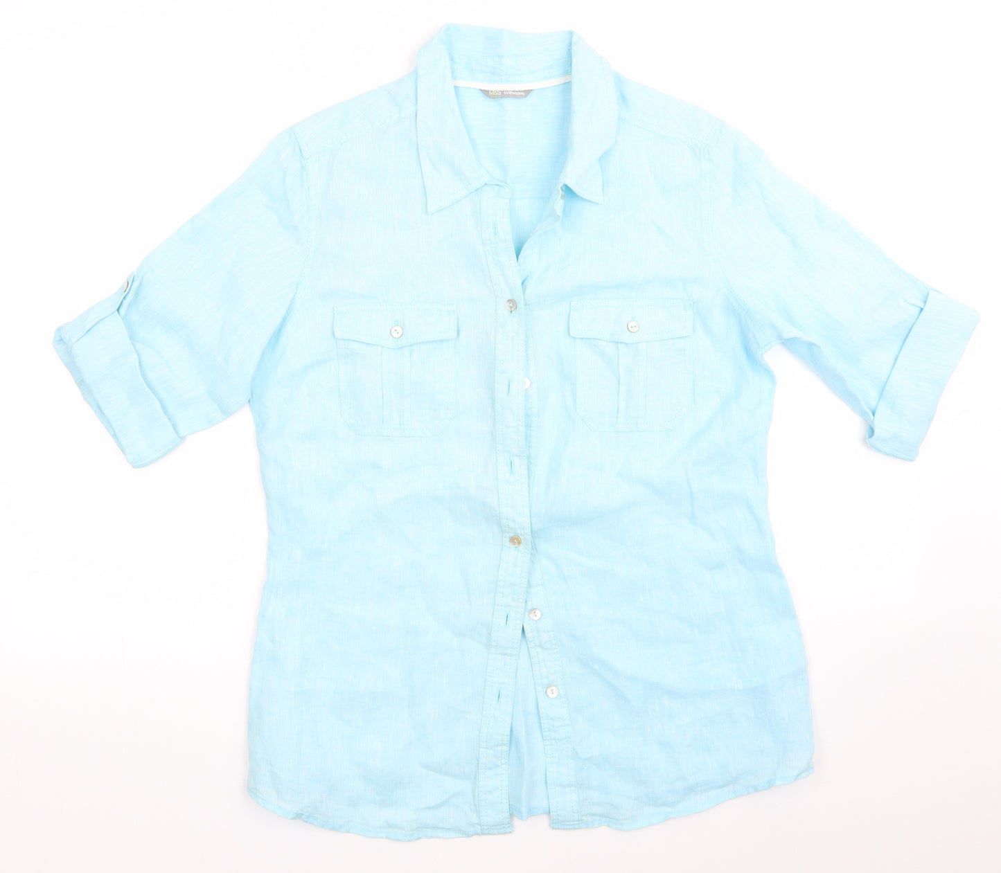 Marks and Spencer Womens Blue   Basic Button-Up  Collared - Linen Look Blouse Adjustable Length Sleeve Turquoise