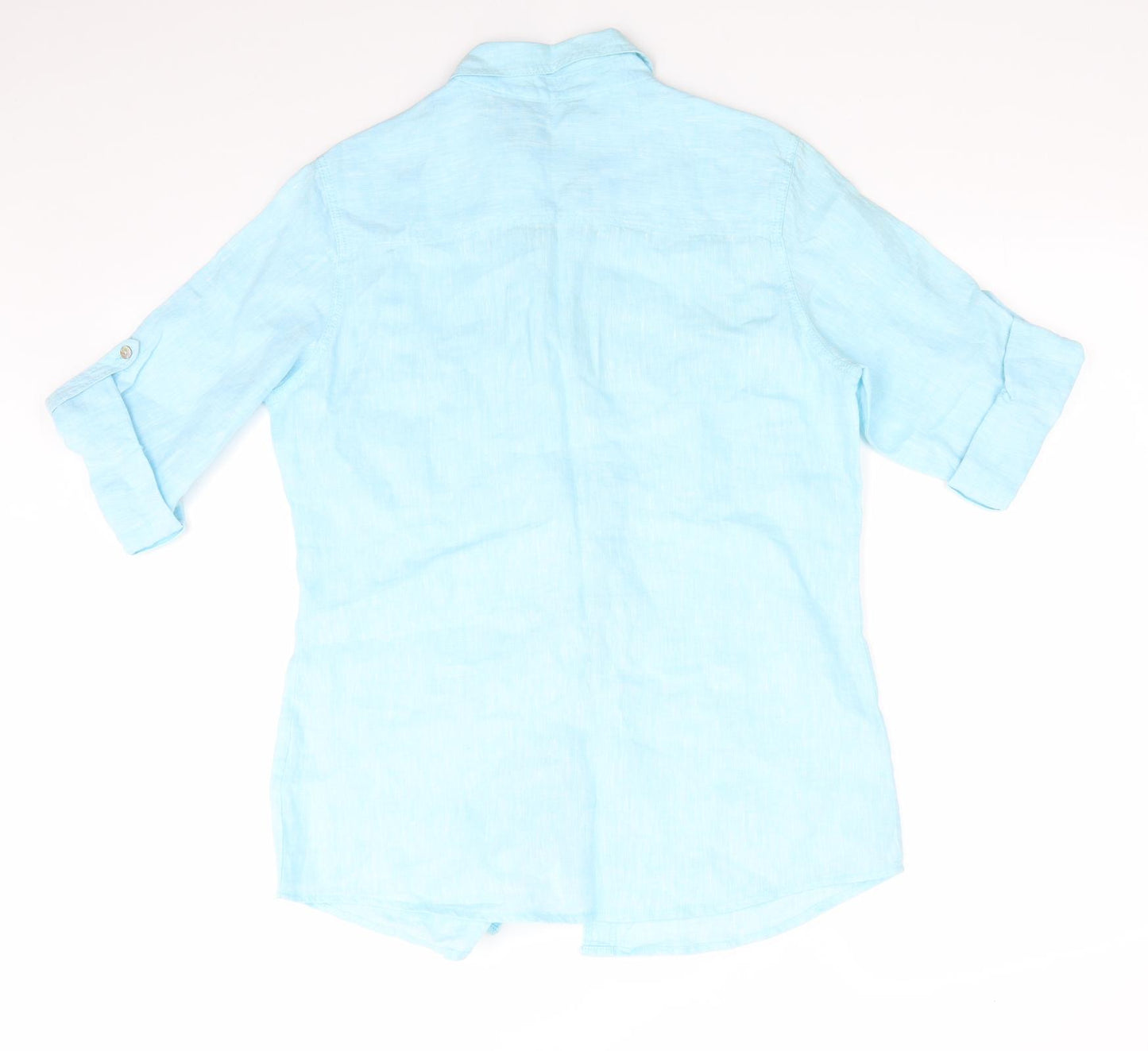 Marks and Spencer Womens Blue   Basic Button-Up  Collared - Linen Look Blouse Adjustable Length Sleeve Turquoise