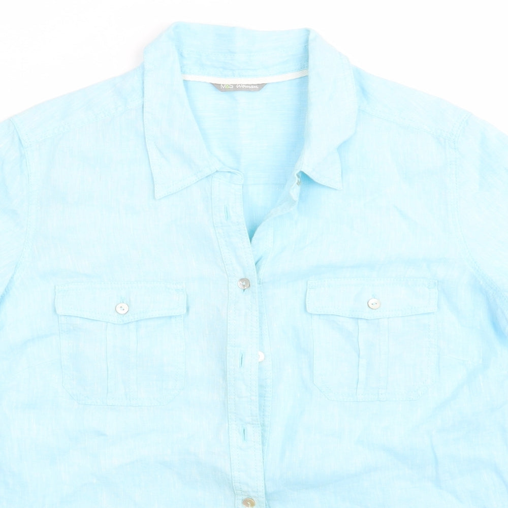 Marks and Spencer Womens Blue   Basic Button-Up  Collared - Linen Look Blouse Adjustable Length Sleeve Turquoise