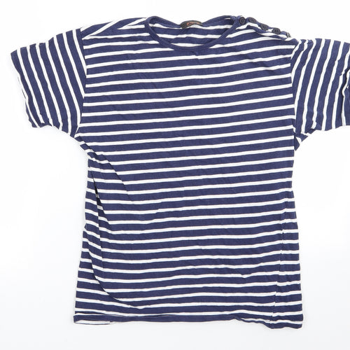 POP Womens Blue Striped  Basic T-Shirt Size S Round Neck - Buttons on one shoulder