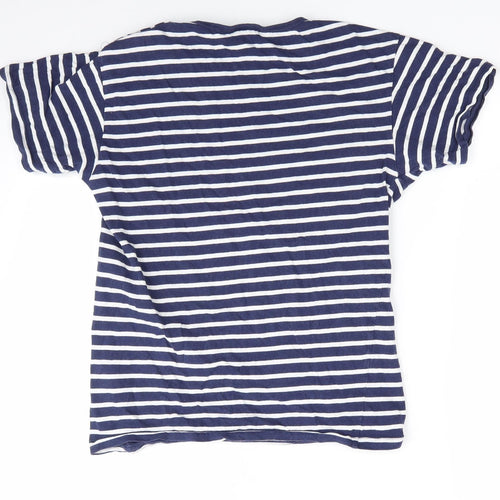 POP Womens Blue Striped  Basic T-Shirt Size S Round Neck - Buttons on one shoulder