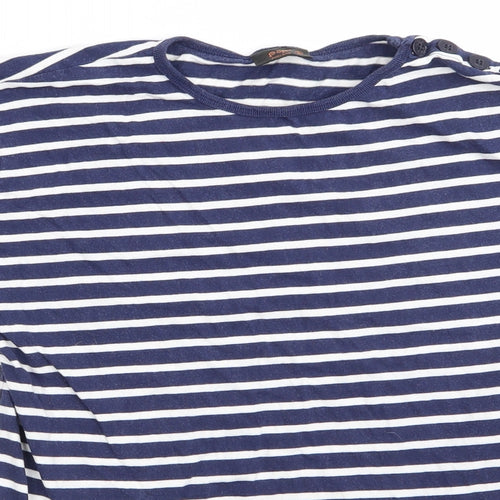 POP Womens Blue Striped  Basic T-Shirt Size S Round Neck - Buttons on one shoulder