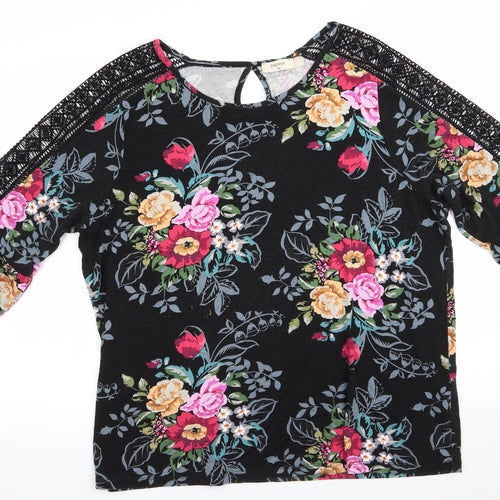 Papaya Womens Black Floral Viscose Basic Blouse Size 20 Round Neck - Pink Red Yellow flowers Lace insert & Frill to sleeves