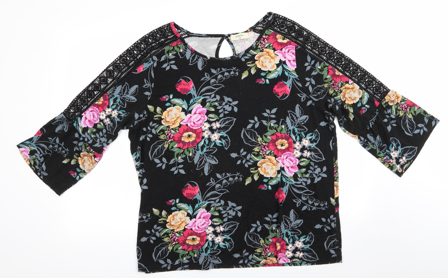 Papaya Womens Black Floral Viscose Basic Blouse Size 20 Round Neck - Pink Red Yellow flowers Lace insert & Frill to sleeves