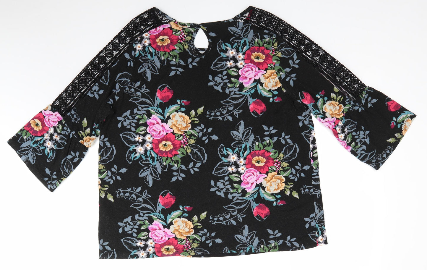 Papaya Womens Black Floral Viscose Basic Blouse Size 20 Round Neck - Pink Red Yellow flowers Lace insert & Frill to sleeves