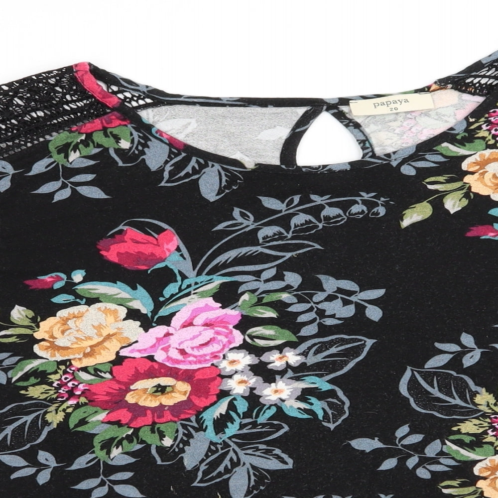 Papaya Womens Black Floral Viscose Basic Blouse Size 20 Round Neck - Pink Red Yellow flowers Lace insert & Frill to sleeves