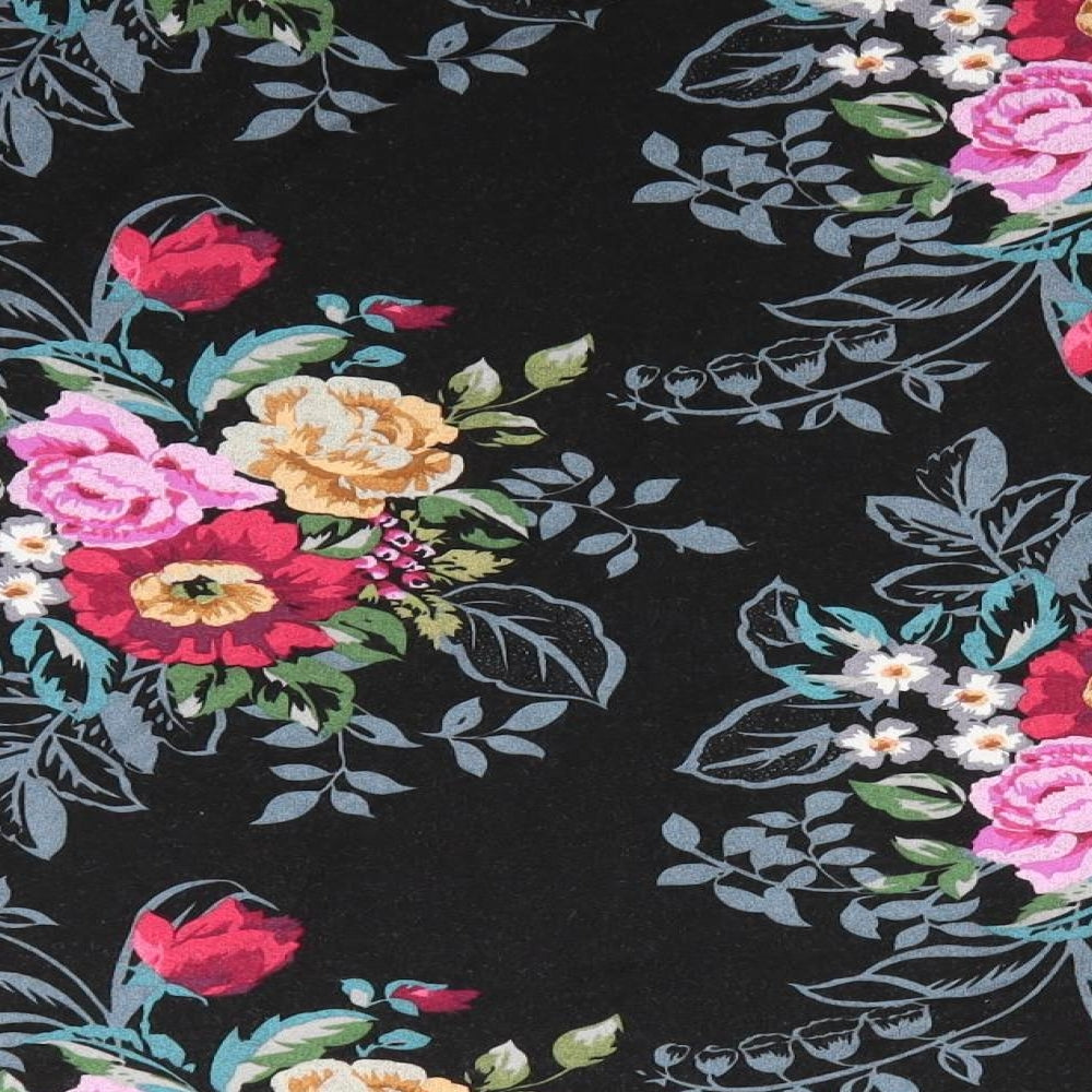 Papaya Womens Black Floral Viscose Basic Blouse Size 20 Round Neck - Pink Red Yellow flowers Lace insert & Frill to sleeves