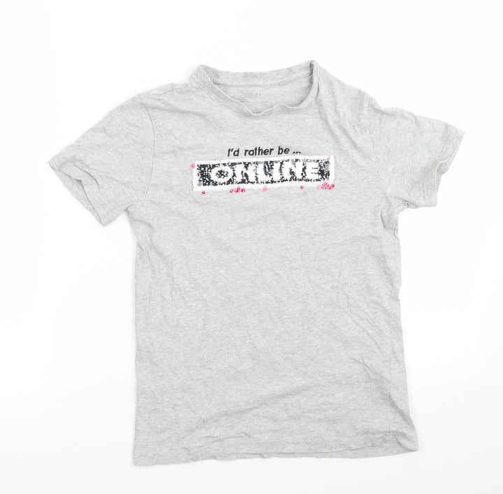 NEXT Girls Grey  Cotton Basic T-Shirt Size 10 Years Round Neck  - I'd rather be on line