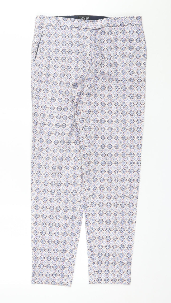 Topshop Womens Blue Geometric Cotton Trousers Size 10 L27 in Regular