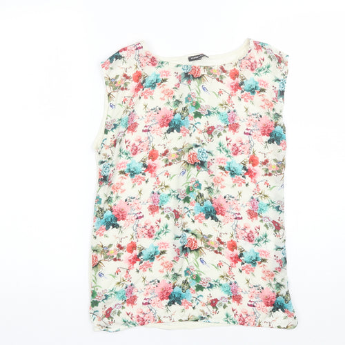 Warehouse Womens Ivory Floral Polyester Basic Blouse Size 8 Round Neck