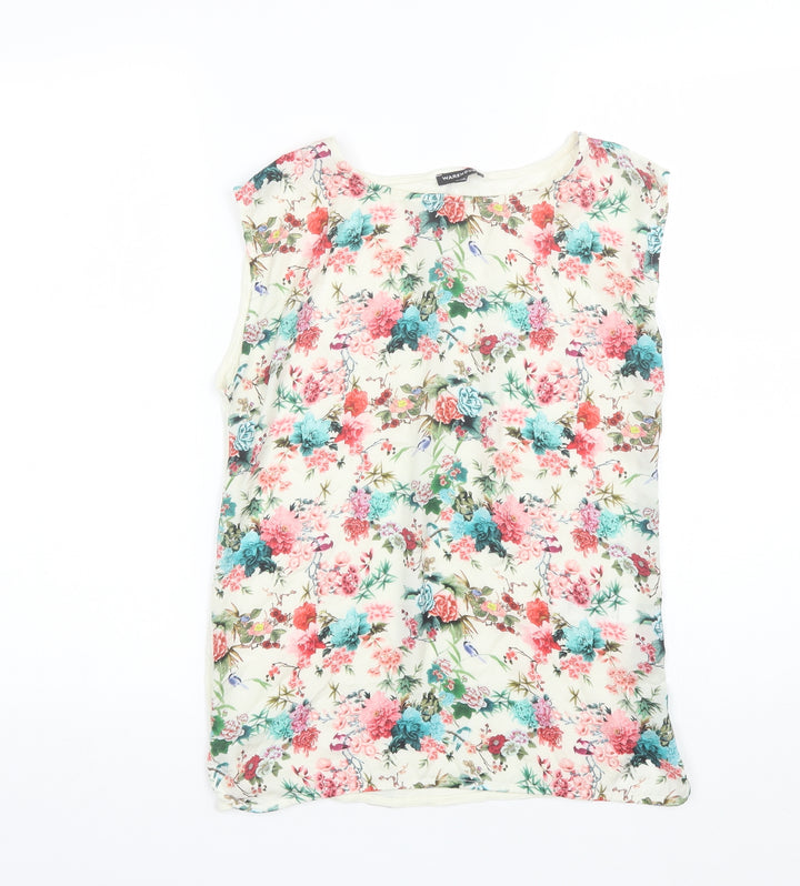 Warehouse Womens Ivory Floral Polyester Basic Blouse Size 8 Round Neck