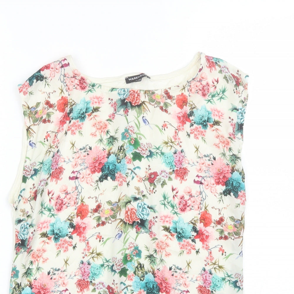 Warehouse Womens Ivory Floral Polyester Basic Blouse Size 8 Round Neck