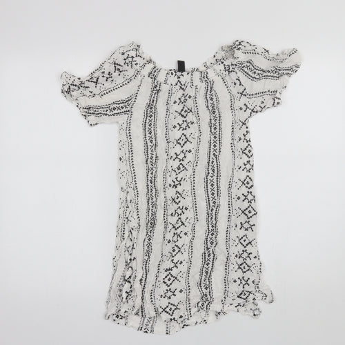 New Look Womens White Geometric Viscose Basic Blouse Size S Off the Shoulder