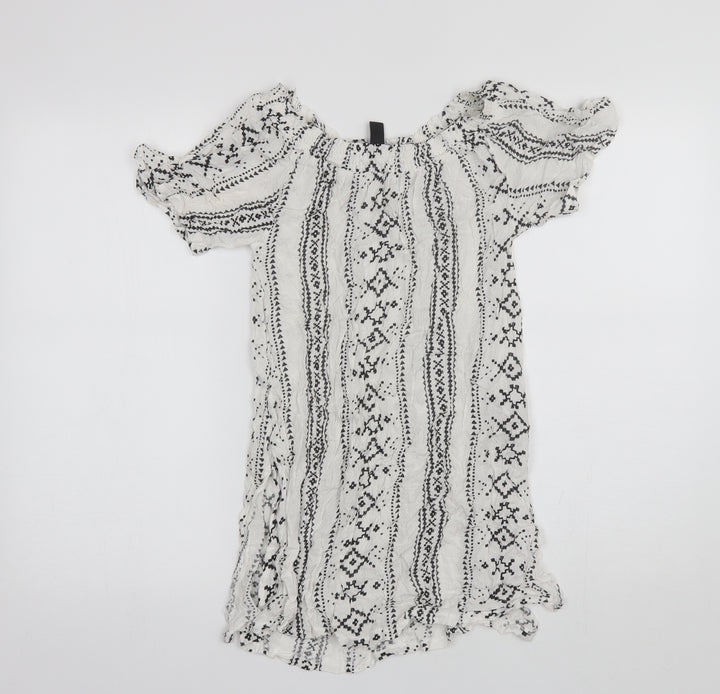 New Look Womens White Geometric Viscose Basic Blouse Size S Off the Shoulder