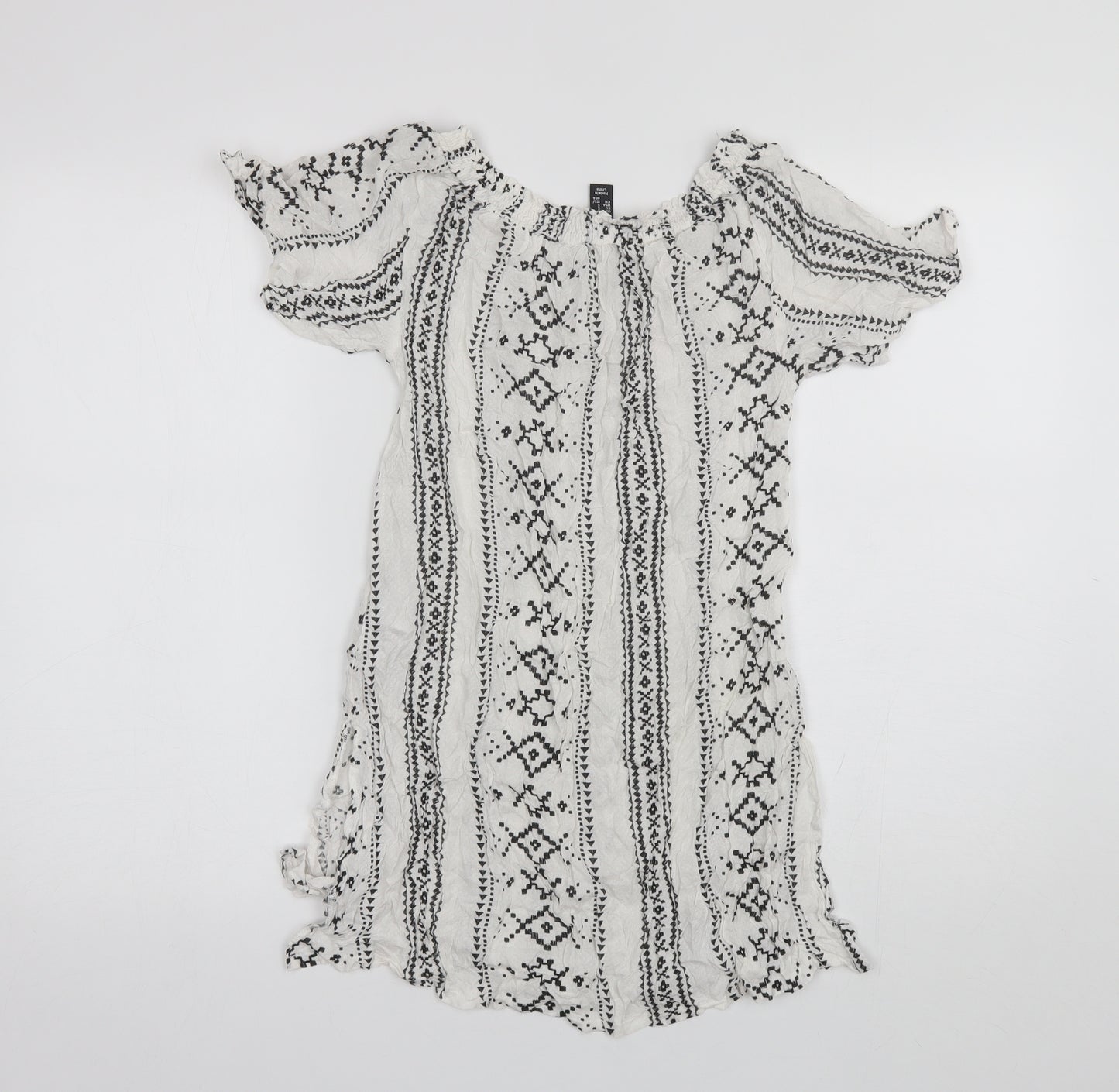 New Look Womens White Geometric Viscose Basic Blouse Size S Off the Shoulder