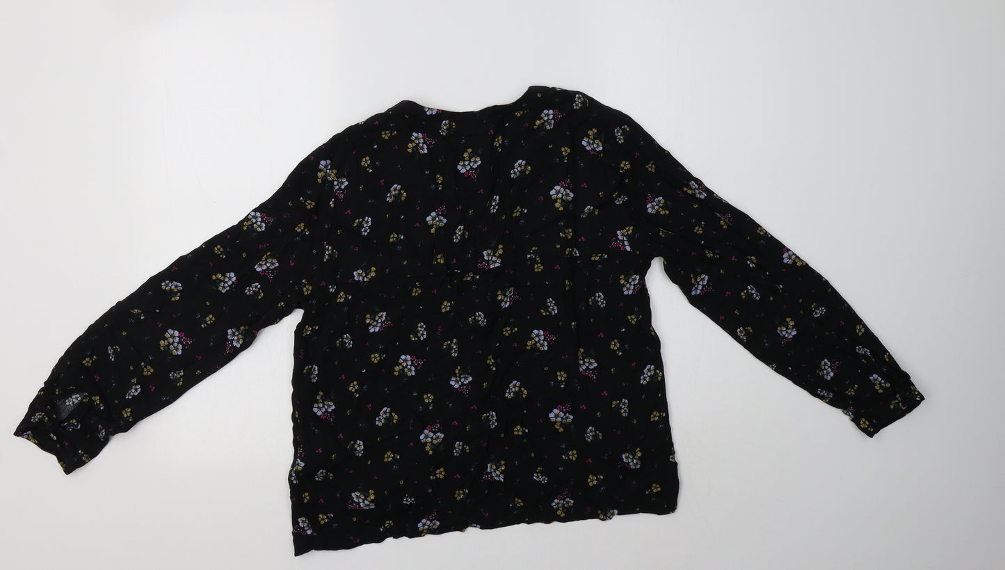 MSCH Womens Black Floral Viscose Basic Button-Up Size M V-Neck