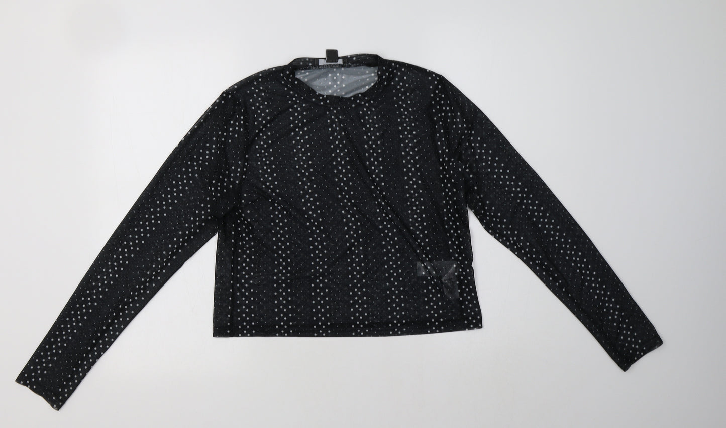 Primark Womens Black Polka Dot Polyester Cropped T-Shirt Size L Crew Neck