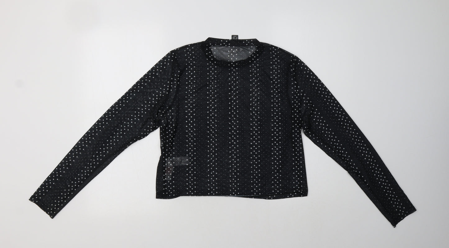 Primark Womens Black Polka Dot Polyester Cropped T-Shirt Size L Crew Neck