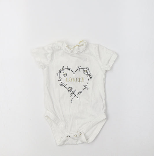 Front view of River Island White Cotton Romper One-Piece, size 6-9, Months - Lovely