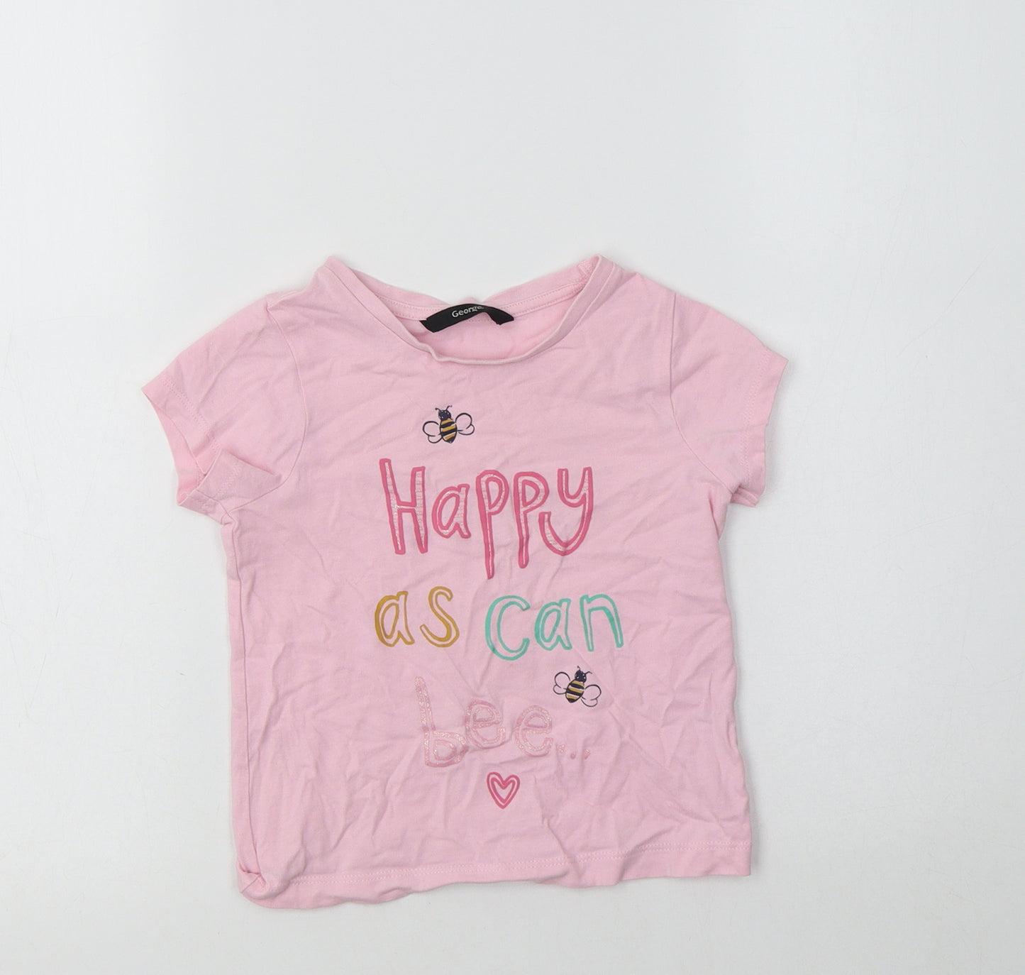 George Girls Pink  Cotton Basic T-Shirt Size 2-3 Years Crew Neck  - Bee Happy