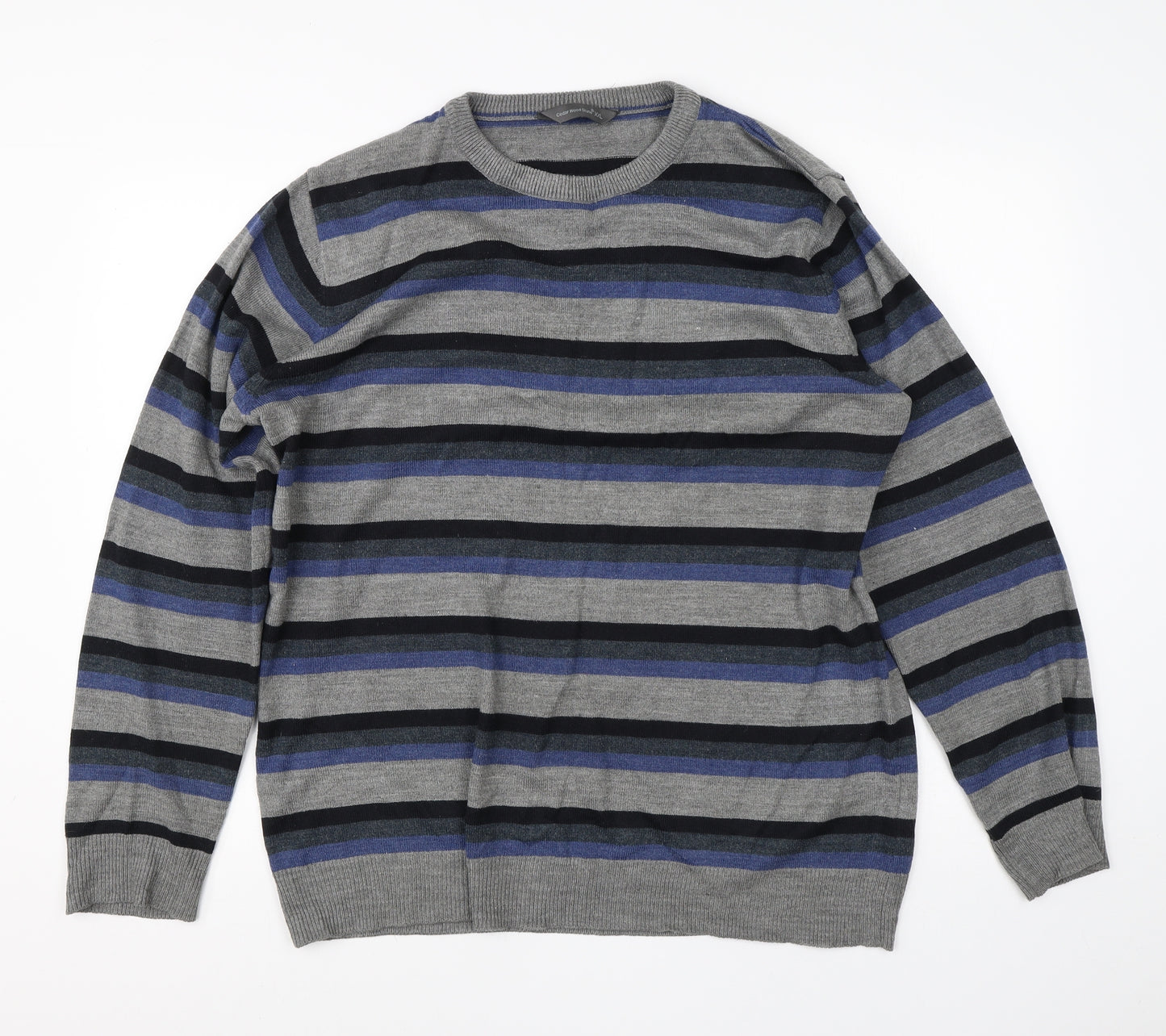 Cedar Wood State Mens Grey Round Neck Striped Acrylic Pullover Jumper Size 2XL