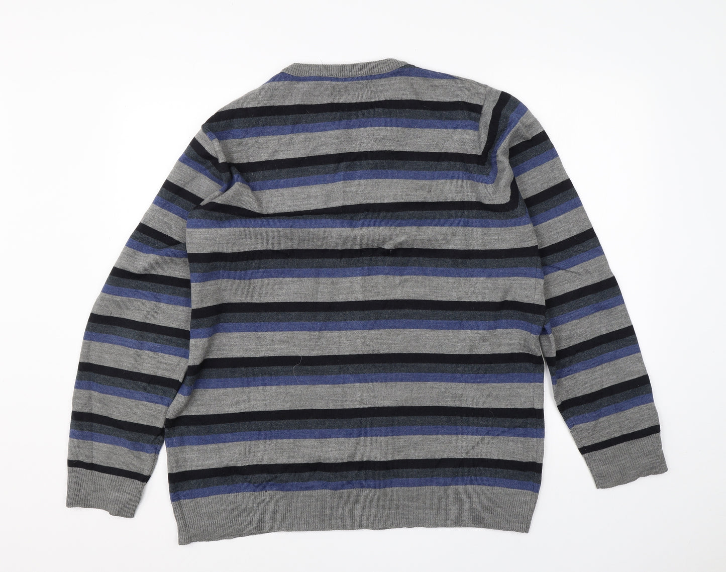 Cedar Wood State Mens Grey Round Neck Striped Acrylic Pullover Jumper Size 2XL