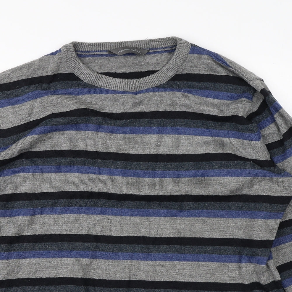 Cedar Wood State Mens Grey Round Neck Striped Acrylic Pullover Jumper Size 2XL