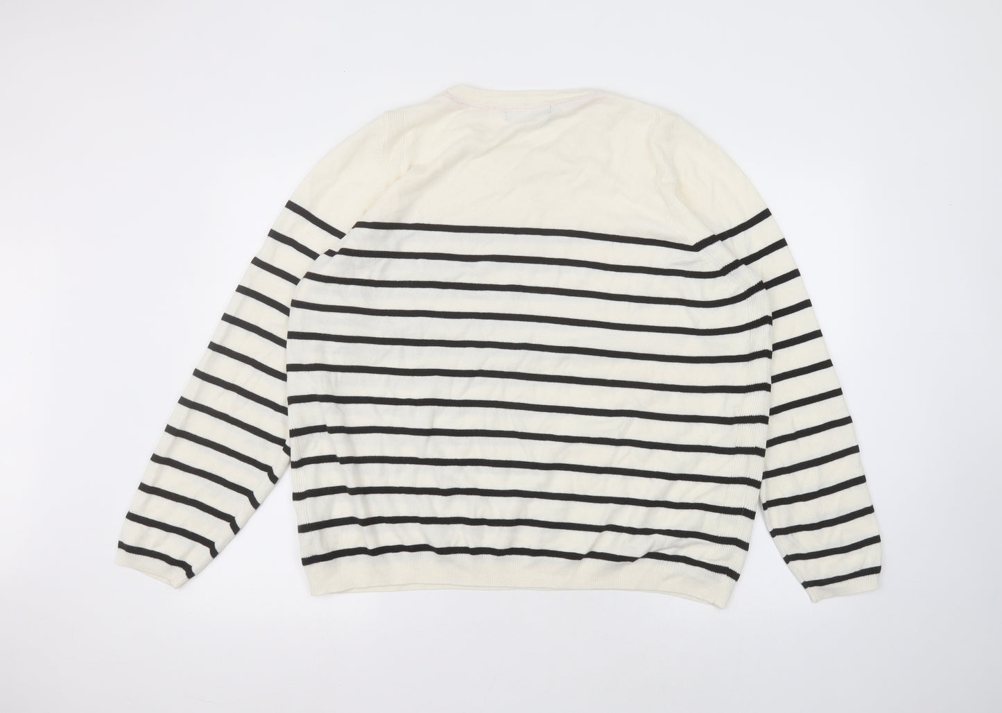 Marks and Spencer Womens White Round Neck Striped Acrylic Pullover Jumper Size 22