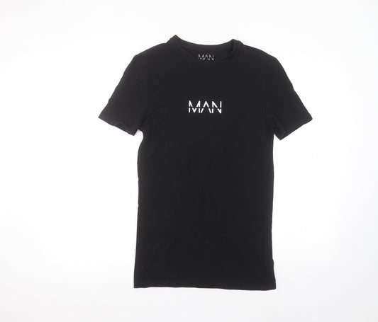Front view of Boohoo women’s black cotton basic t-shirt, size XS, round neck