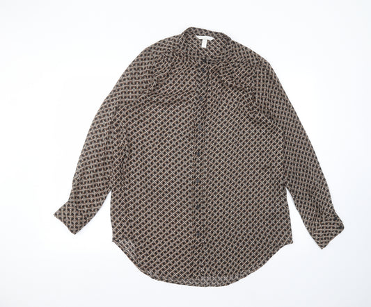 Front view of H&M women’s black polyester basic button-up, size UK 12, round neck