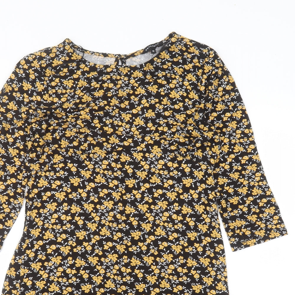 Peacocks Womens Black Floral Viscose A-Line  Size 12  Round Neck