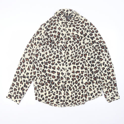 Primark Womens Brown Animal Print Polyester Basic Button-Up Size 14 Round Neck