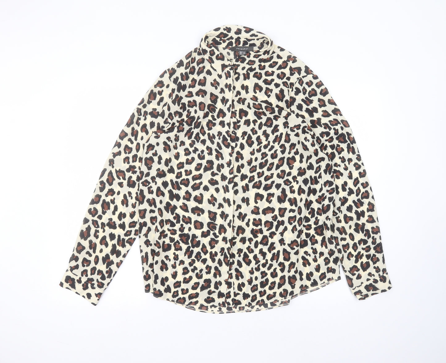 Primark Womens Brown Animal Print Polyester Basic Button-Up Size 14 Round Neck