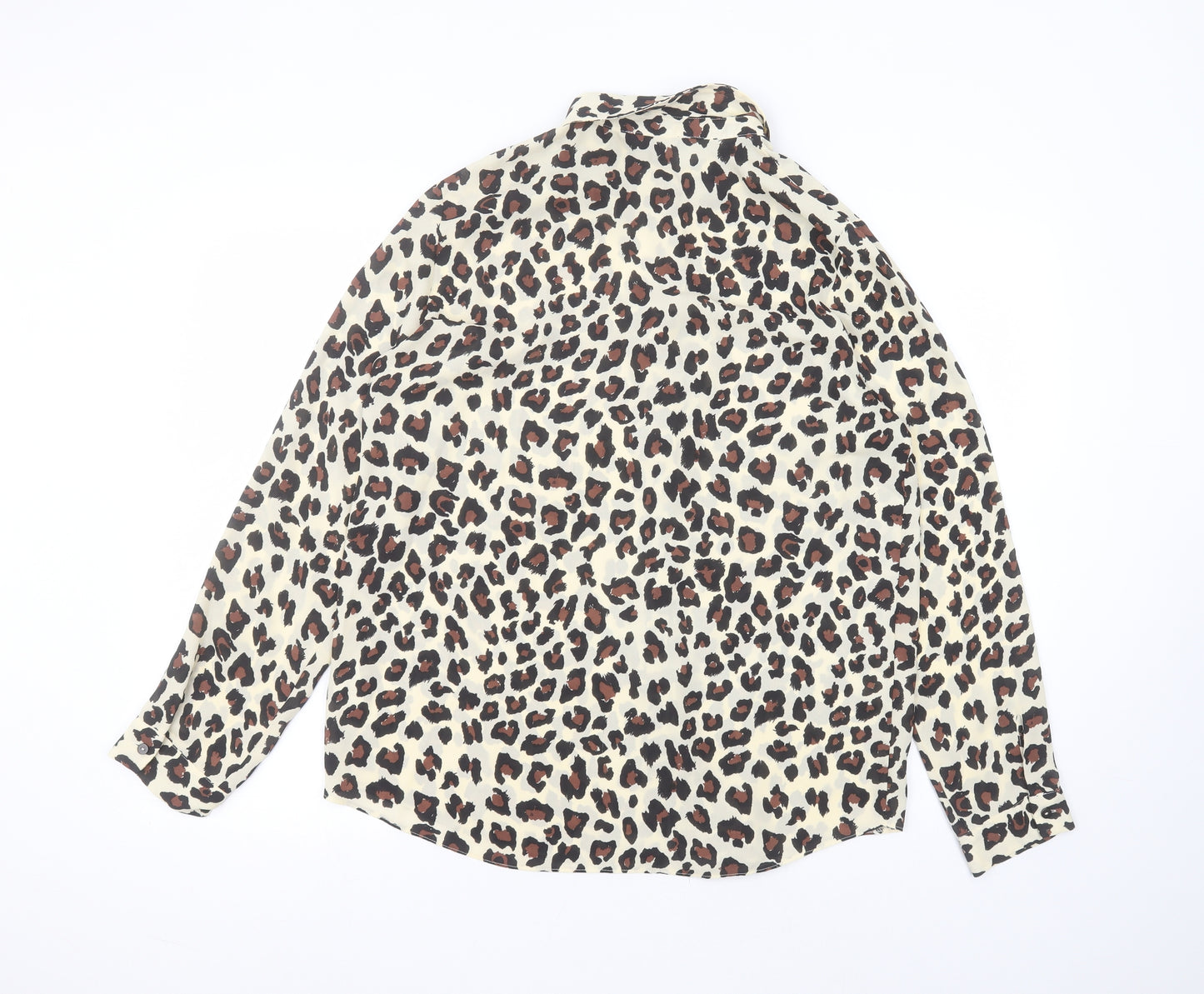 Primark Womens Brown Animal Print Polyester Basic Button-Up Size 14 Round Neck