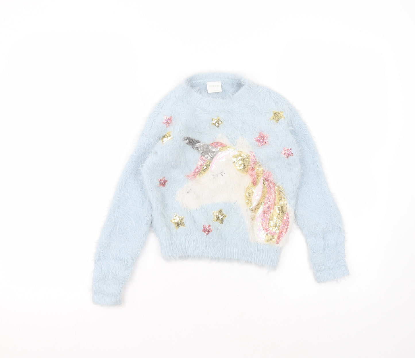 F&F Girls Blue Round Neck  Polyamide Pullover Jumper Size 5-6 Years   - unicorn