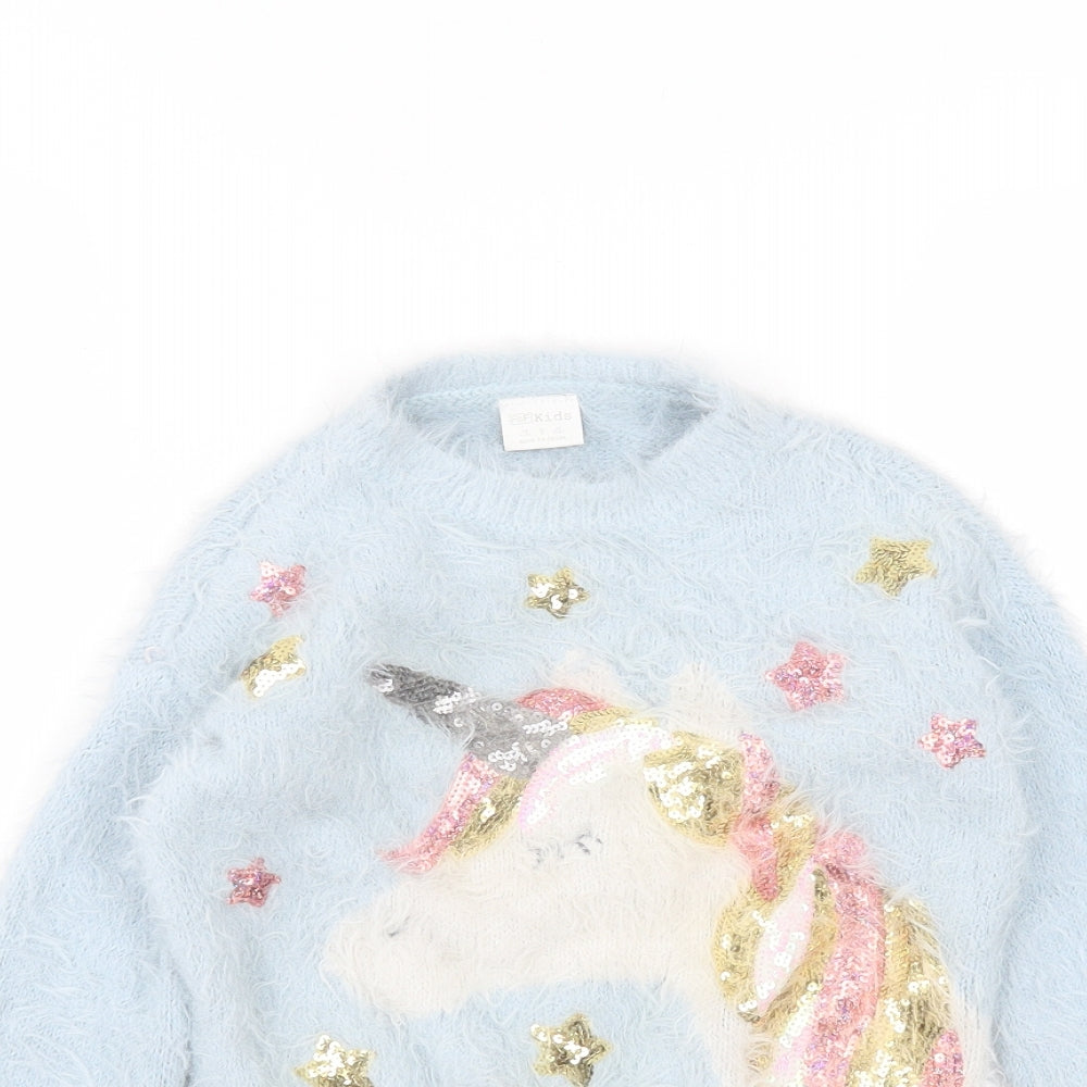 F&F Girls Blue Round Neck  Polyamide Pullover Jumper Size 5-6 Years   - unicorn