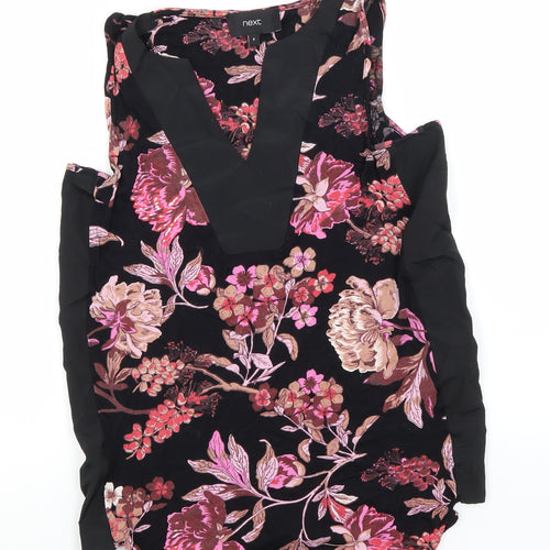 NEXT Womens Black Floral Viscose Basic T-Shirt Size 8 V-Neck
