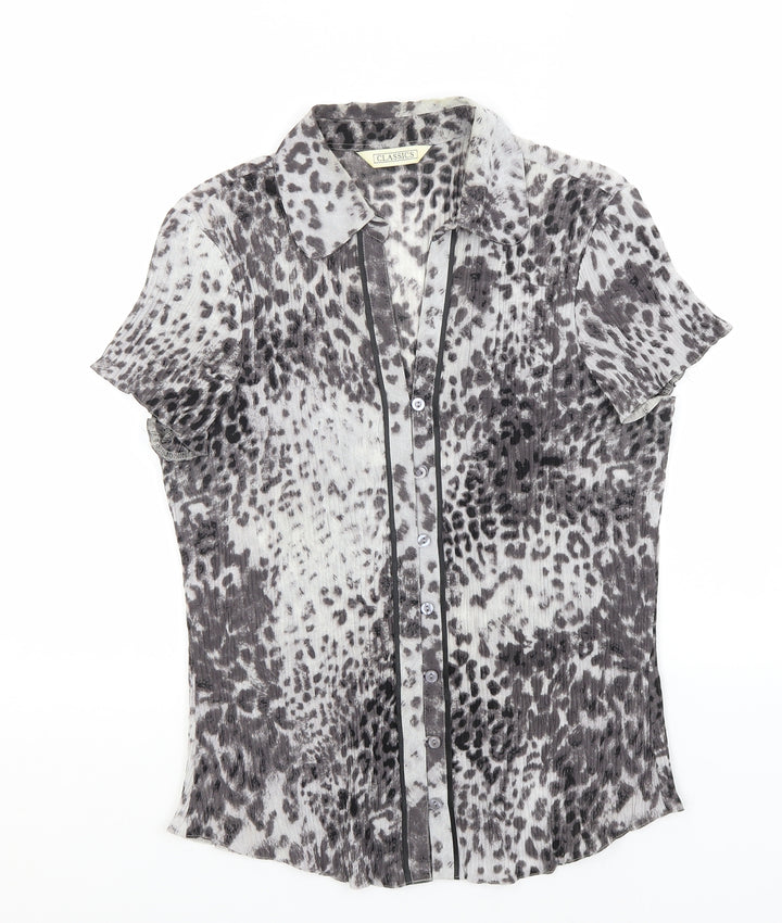 BHS Womens Grey Animal Print Polyester Basic Button-Up Size 14 Collared