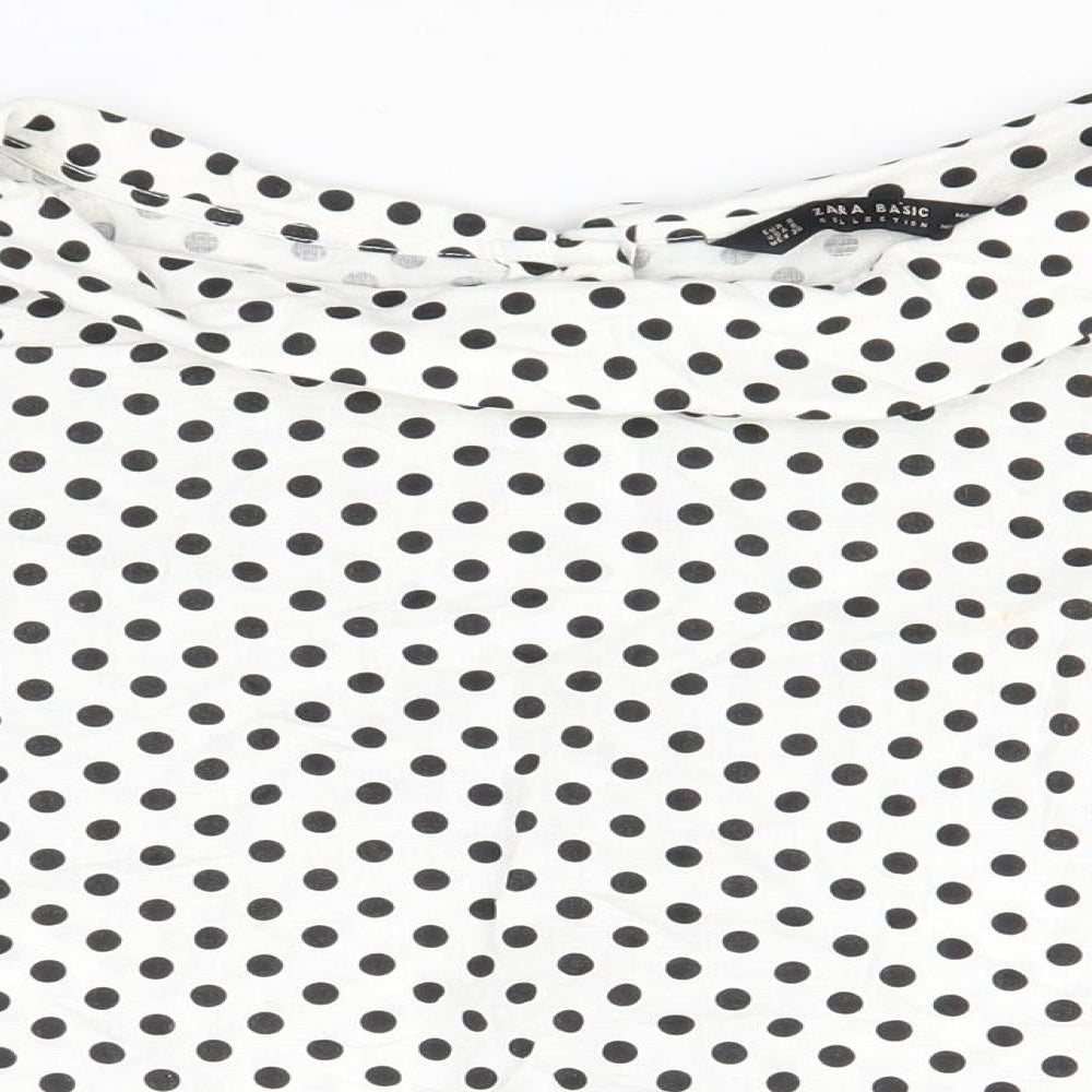 Zara Womens White Polka Dot Cotton Basic Button-Up Size S Round Neck