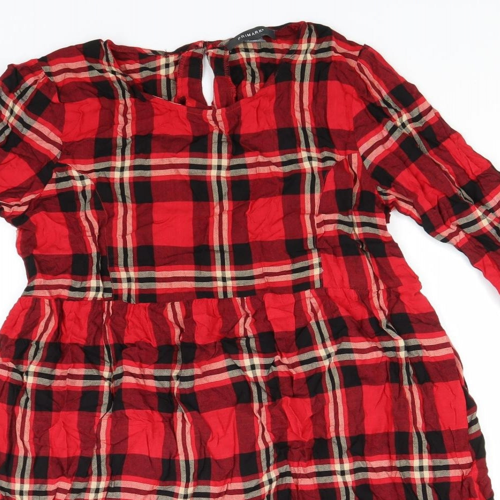 Primark Womens Red Plaid Viscose A-Line  Size 12  Round Neck