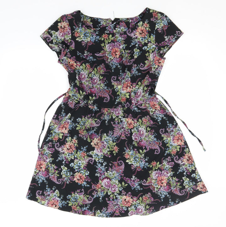 New Look Womens Black Floral Polyester A-Line Size 12 Round Neck